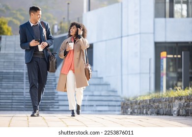 Businessman, black woman and walking with coffee in city for planning, strategy or social discussion by office building. Teamwork, finance job and friends with discussion in urban metro for success - Powered by Shutterstock