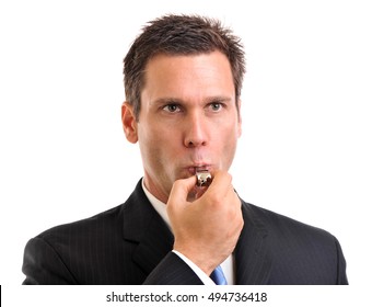 Businessman Blowing Whistle On White