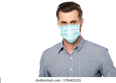 Businessman In Blue Medical Mask Isolated On White