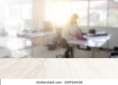 Businessman Blur In The Workplace At Sitting On A Computer Screen Work Space Of Table Work In Office With Fax, Document Division And Printer Or Shallow Depth Of Focus Horizontal Abstract Background.