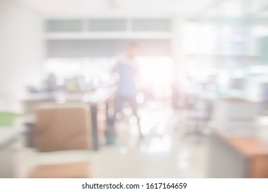 Businessman Blur In The Workplace At Sitting On A Computer Screen Work Space On Table Desk Work In Office Blurry, Document Division And People Shallow Depth Of Focus Horizontal Abstract Interior.