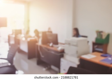 Businessman Blur In The Workplace At Sitting On A Computer Screen Work Space On Table Desk Work In Office Blurry, Document Division And People Shallow Depth Of Focus Horizontal Abstract Interior.