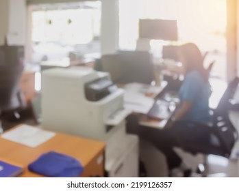 Businessman Blur In The Workplace At Sitting On A Computer Screen Work Space On Table Desk Work In Office Blurry, Document Division And People Shallow Depth Of Focus Horizontal Abstract Interior.