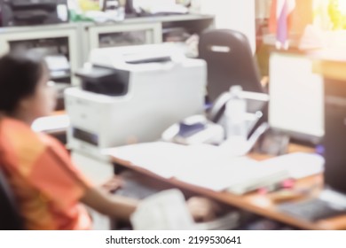 Businessman Blur In The Workplace At Sitting On A Computer Screen Work Space On Table Desk Work In Office Blurry, Document Division And People Shallow Depth Of Focus Horizontal Abstract Interior.