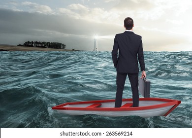 Businessman Boat Against Stormy Sea Lighthouse Stock Photo 263569214 ...