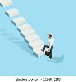 Businessman With Briefcase In Hand, Rising Up The Career Ladder. Flat Isometric View Of Man Going Up With Empty Copy Space. Office, Career Concept. Business  Processes Concepts. Miniature People. 