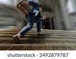 Businessman with briefcase stepping up the stairs quickly for get fund and loan, Busy man is in a hurry, time is money, Business concept.