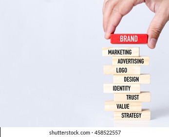 Businessman Building BRAND Concept with Wooden Blocks - Shutterstock ID 458522557