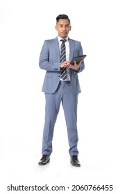 Businessman Business Person.
 Full Body,portrait Businessman In Suit With Holding Tablet Standing Isolated On White Background, 

