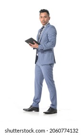 Businessman Business Person.
 Full Body,portrait Businessman In Suit With Holding Tablet Standing Isolated On White Background, 

