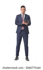 Businessman Business Person.
 Full Body,portrait Businessman In Suit With Holding Tablet Standing Isolated On White Background, 

