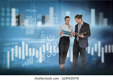 Businessman And Business Woman Standing To Analyze Business And Performance,investment Statistics,digital Working Background Virtual Panel,chart And Financial Stock Graph,concept Business Innovation