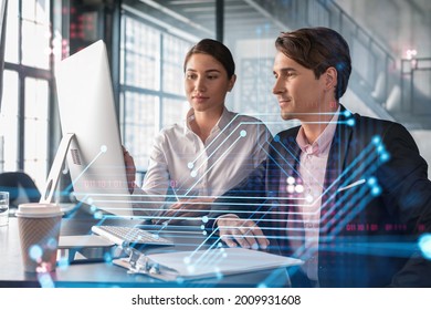 Businessman and businesswoman in formal wear working together to optimize business process by applying new technologies. Hi tech holograms over modern office background with panoramic windows