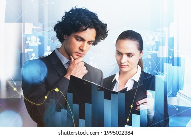 Businessman And Businesswoman Are Looking For New Talented Candidates For Corporate Accounting Company. Hologram Of Worldwide Alumni Network. Concept Of Recruitment Process