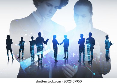 Businessman And Businesswoman Are Looking For New Talented Candidates For Corporate Company. Hologram Digital Interface With Alumni Network. Concept Of Recruitment Process. Night Singapore City View