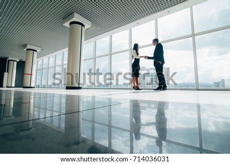 Businessman and Businesswoman shaking hands in office with big panoramic windows concept