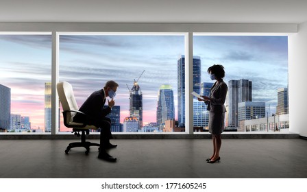 Businessman and businesswoman working in the office during a pandemic and keeping social distance and wearing protective face masks to prevent viral infection of covid