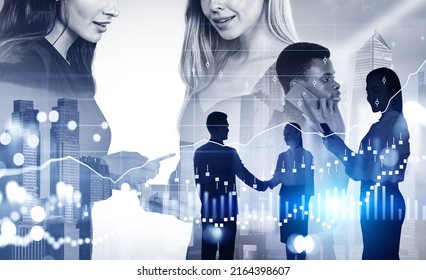Businessman and businesswoman working together, forex diagrams hud with candlesticks, bar chart and line. Double exposure with New York cityscape. Concept of online trading - Shutterstock ID 2164398607