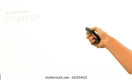 Businessman Or Businesswomen Make A Presentation Using Laser Pointer, Point On The Projector, Board