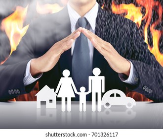 Businessman, Car, Family, House With Fire Background, Insurance Concept