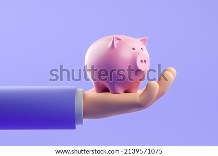 Businessman cartoon hand with piggy bank on light purple background. Concept of finance and money accumulation. 3D rendering