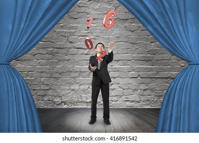 Businessman catching throwing 2016 red words on red curtain stage with spotlight, on old brick wall background. - Powered by Shutterstock