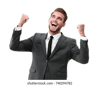 Businessman celebrating  with his fists raised in the air and a 