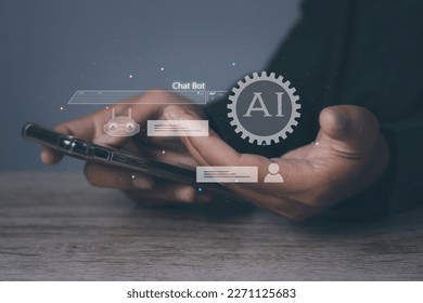 Businessman ChatBot Chat with AI Artificial Intelligence. Digital chatbot, robot application, AI chat bot communicate and interact smart data. - Shutterstock ID 2271125683