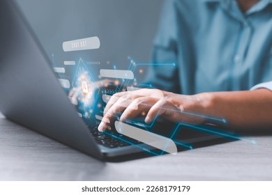 Businessman chatting on laptop with virtual artificial intelligence with chatbot communicate and interact helping business. Futuristic technology. Virtual assistant on internet.