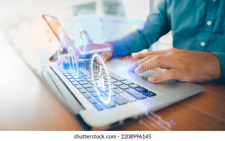 Businessman check business performance and metaverse world map with shopping online icon, paying money in the digital world, digital online concepts, line chart infographic. - Shutterstock ID 2208996145
