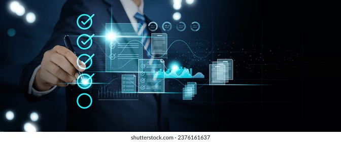 Businessman check electronic documents on digital business approvals and online checklists, Communication technology , Efficient online evaluation digital documents of business on virtual interface.