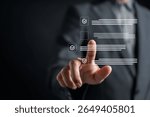 Businessman checking digital document checklist using touchscreen interface. Concept of online form review, approval process, electronic signature, and digital document verification.