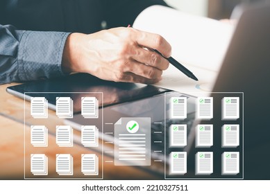 businessman checking documents and review the correct procedure,
concepts, rules, practices and policies,Articles of Association terms and conditions,legal regulations, Project database file storage