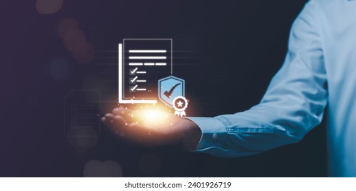 Businessman checking steps through document with a list of checkboxes ,regulation ,practices and policies ,Terms and conditions ,Examination of ethical rules ,Evaluate quality and efficiency 