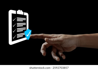 Businessman checking steps through document with a list of checkboxes ,regulation ,practices and policies ,Examination of ethical rules ,Evaluate quality and efficiency,Terms and conditions ,