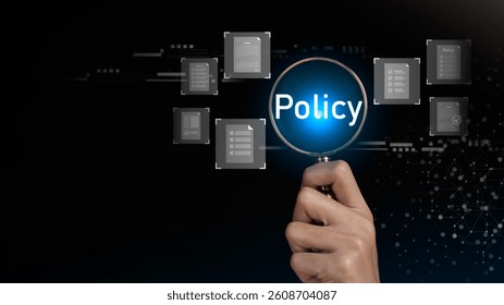 Businessman checking the steps through document ,Concepts of practices and policies ,procedure company articles of association Terms and Conditions ,document verification concept ,Rules and policies