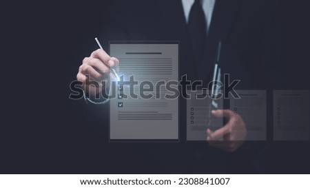 Businessman checking the steps through document with a list of checkboxes ,regulation ,Concepts of practices and policies , procedure company articles of association Terms and Conditions ,inspection

