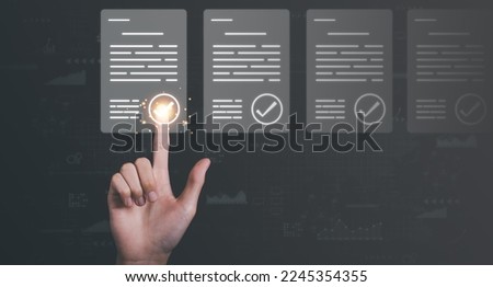 Businessman checking the steps through a virtual online document with a list of checkboxes Concepts of practices and policies, company articles of association Terms and Conditions	