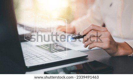 Businessman checking the steps through a virtual online document with a list of checkboxes Concepts of practices and policies, company articles of association Terms and Conditions