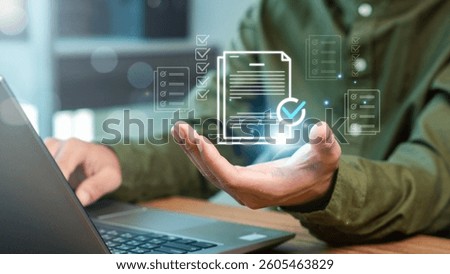 Businessman checking steps through a virtual online document with a list of checkboxes Concepts of practices and policies, regulation, Terms and conditions ,Evaluate quality and efficiency