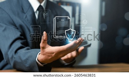 Businessman checking steps through a virtual online document with a list of checkboxes Concepts of practices and policies, regulation, Terms and conditions ,Evaluate quality and efficiency