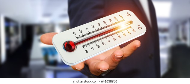 Businessman checking the temperature rise with a thermometer 3D rendering