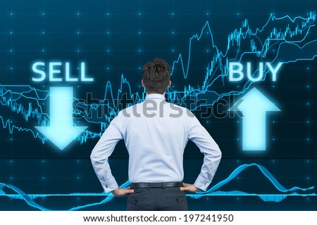 Businessman and the choice 'sell' or 'buy' 
