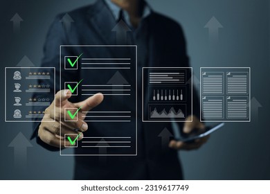 A businessman click green check mark to evaluating a vendor or supplier industrial facility and rated a maximum of five stars according to the ISO documentation management system
