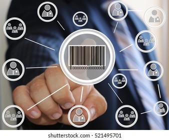 Businessman clicking on the product barcode on the touch panel . Web icons .
