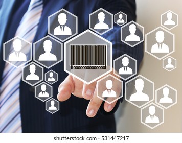 The businessman clicks barcode product network icon on the touch screen the web network . 