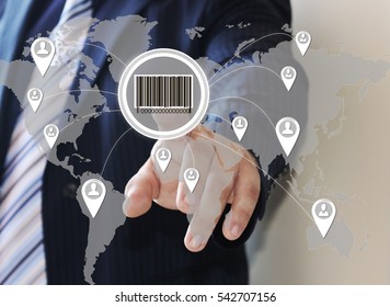 The businessman clicks barcode product network icon on the touch screen the web network .  