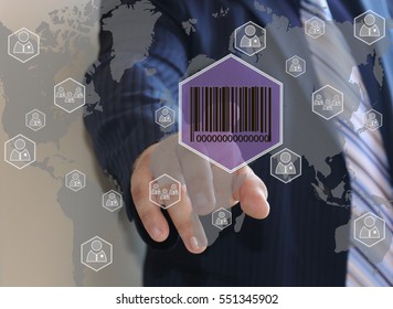 The businessman clicks barcode product network icon on the touch screen the web network .  