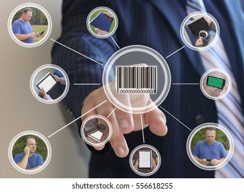 The businessman clicks barcode product network icon on the touch screen the web network.