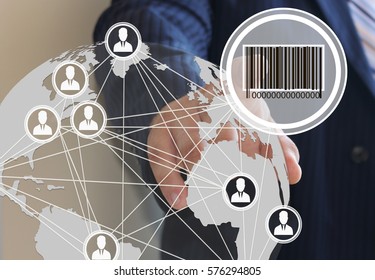 The businessman clicks barcode product network icon on the touch screen in the global network. - Powered by Shutterstock - Get 15% off with code: PIKWIZARD15